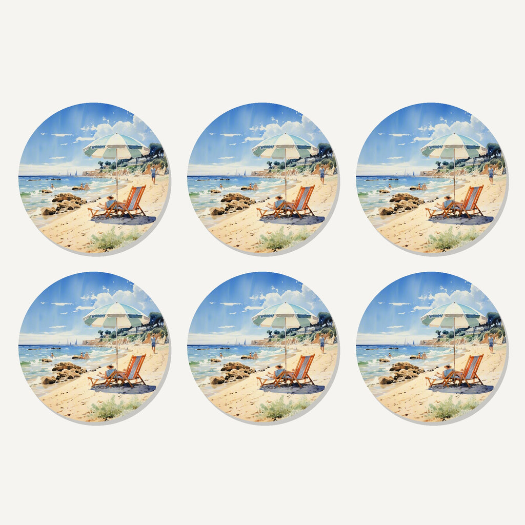 Flat lay of the seaside parasol & deckchairs artwork on six round coasters