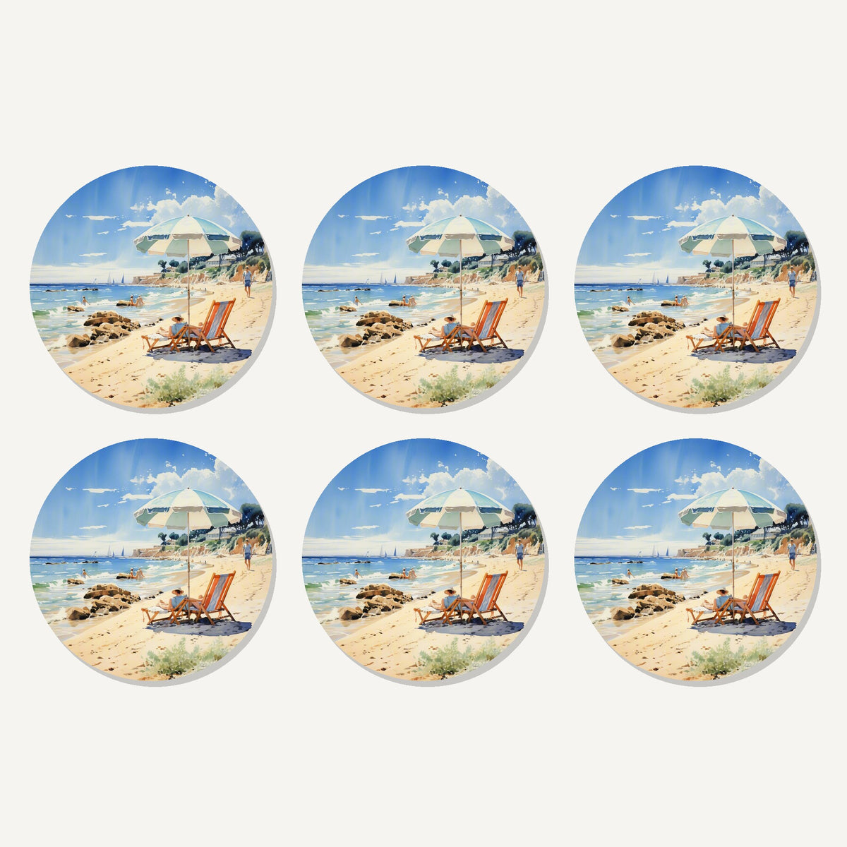Flat lay of the seaside parasol & deckchairs artwork on six round coasters