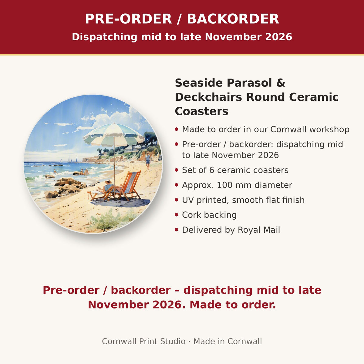 Info card: Seaside Parasol & Deckchairs Round Ceramic Coasters – Set of 6, made to order, dispatching mid to late November 2026, delivered by Royal Mail