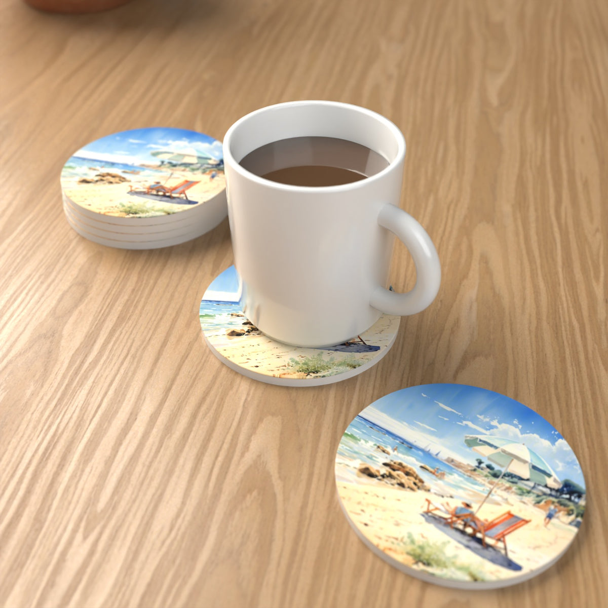 Seaside Parasol & Deckchairs Round Ceramic Coasters – Set of 6 – lifestyle mockup with a mug of coffee