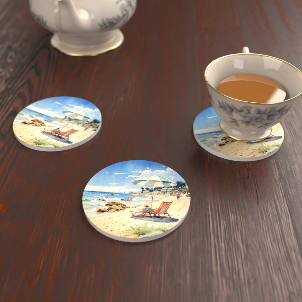 Seaside Parasol & Deckchairs Round Ceramic Coasters – Set of 6 – lifestyle mockup with a teacup