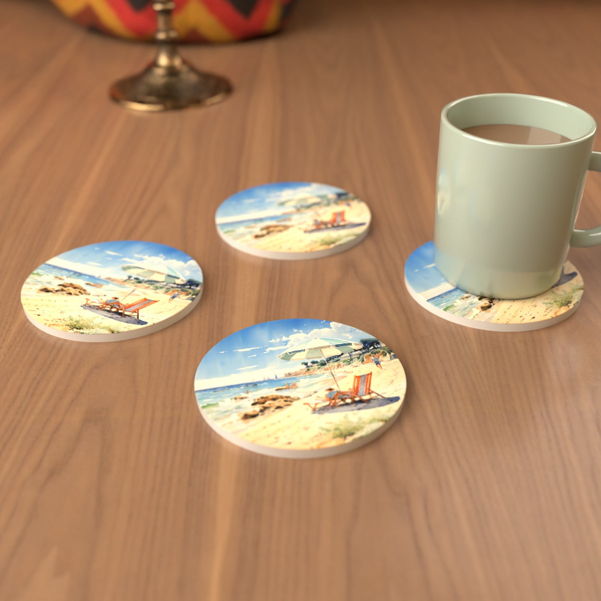 Seaside Parasol & Deckchairs Round Ceramic Coasters – Set of 6 – cosy lifestyle mockup