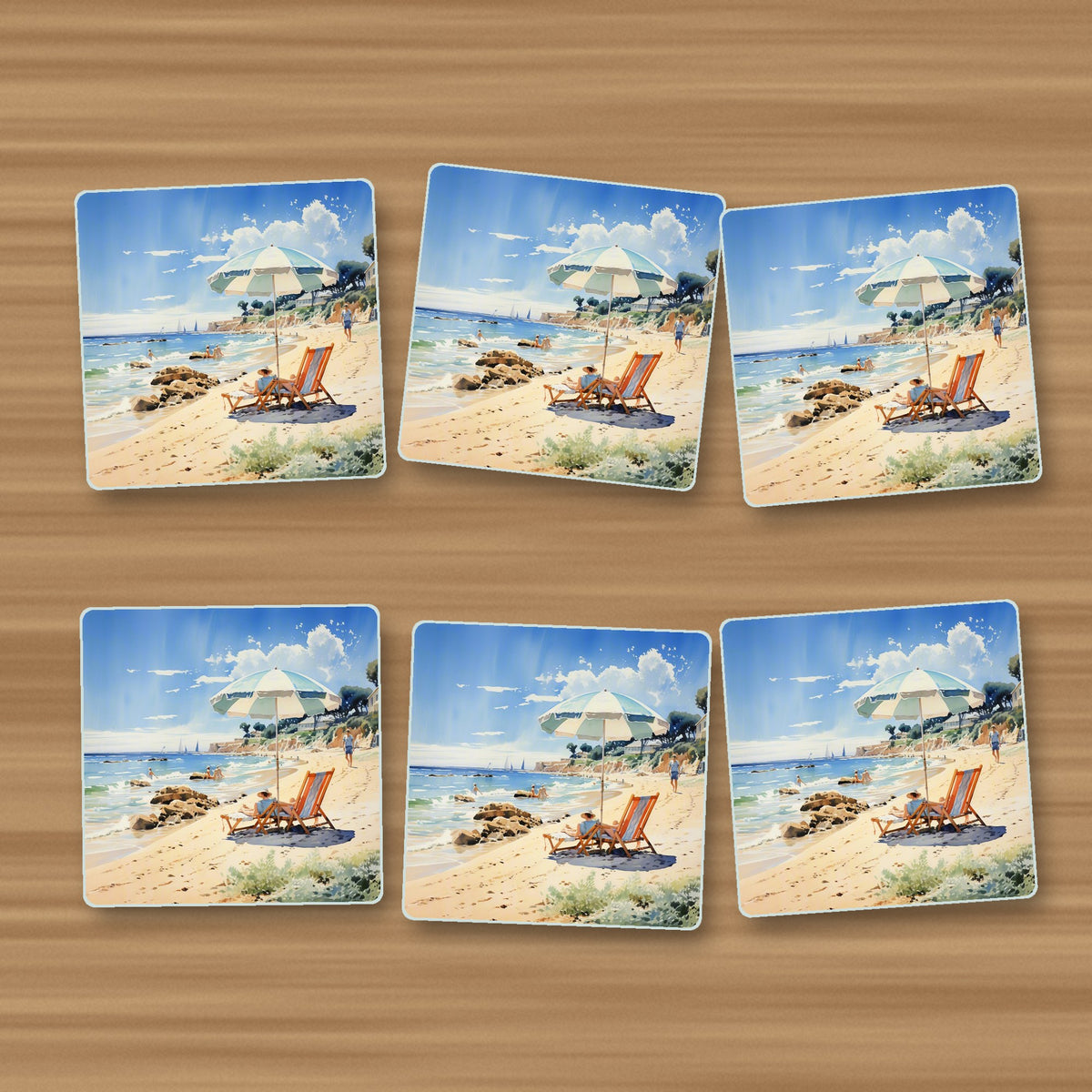 Seaside Parasol & Deckchairs square glass coasters, set of 6, on an oak coffee table