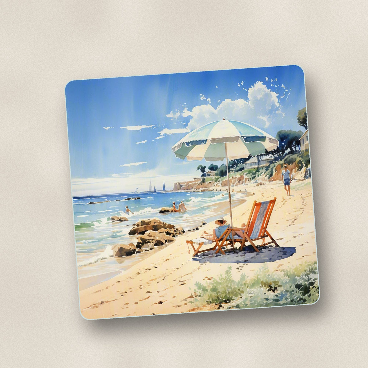 Close-up of one seaside parasol & deckchairs square glass coaster, flat UV print