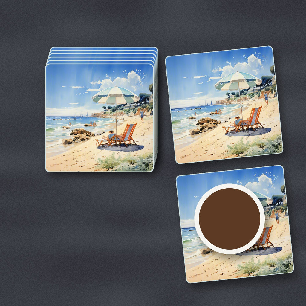Seaside Parasol & Deckchairs square glass coasters stacked on a slate kitchen worktop