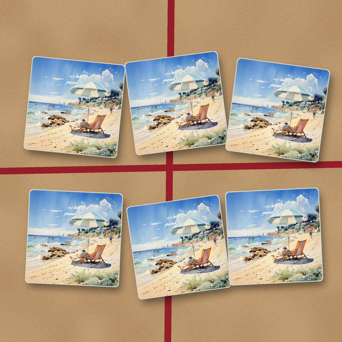 Seaside Parasol & Deckchairs square glass coasters on kraft gift wrap