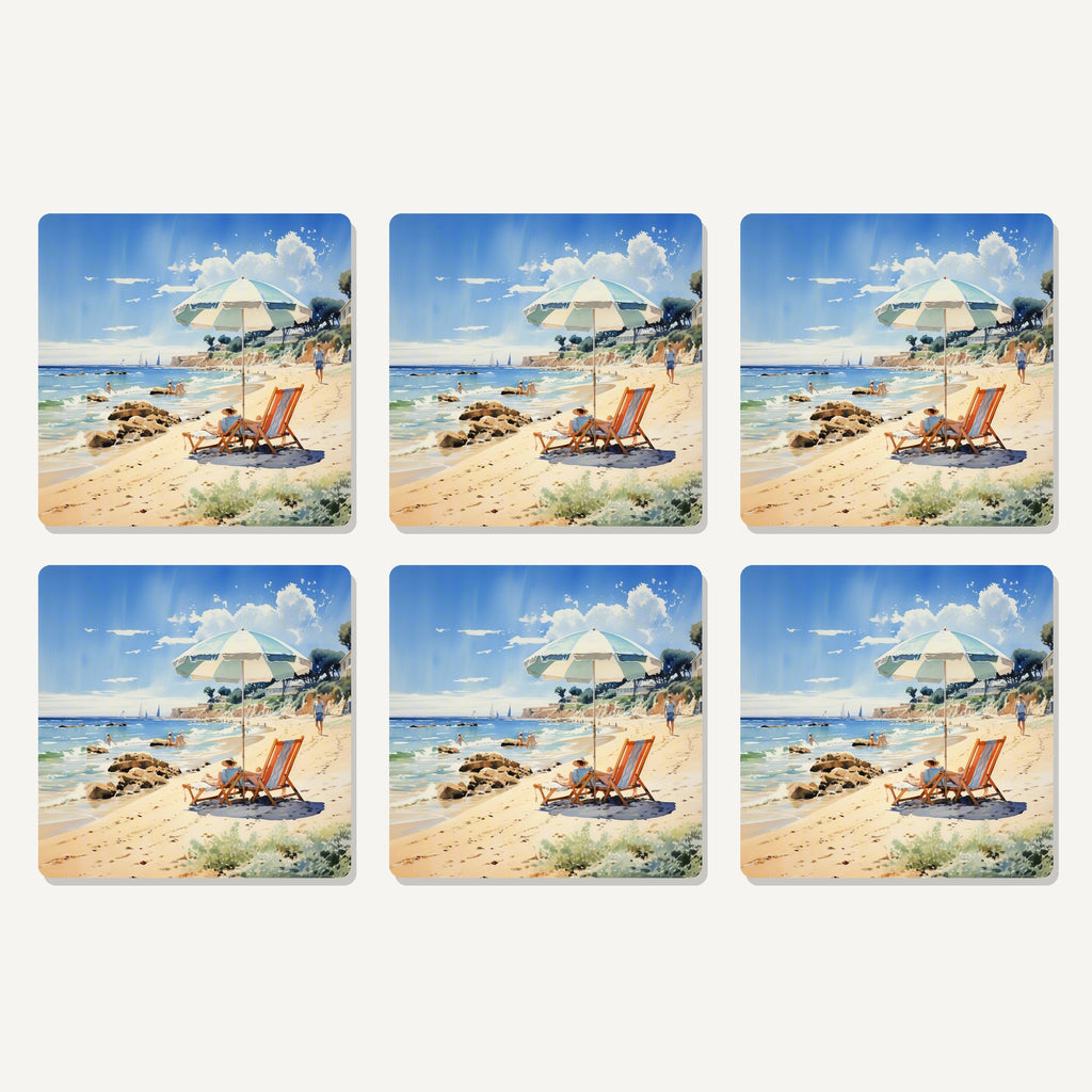 Flat lay of the seaside parasol & deckchairs artwork on six square coasters