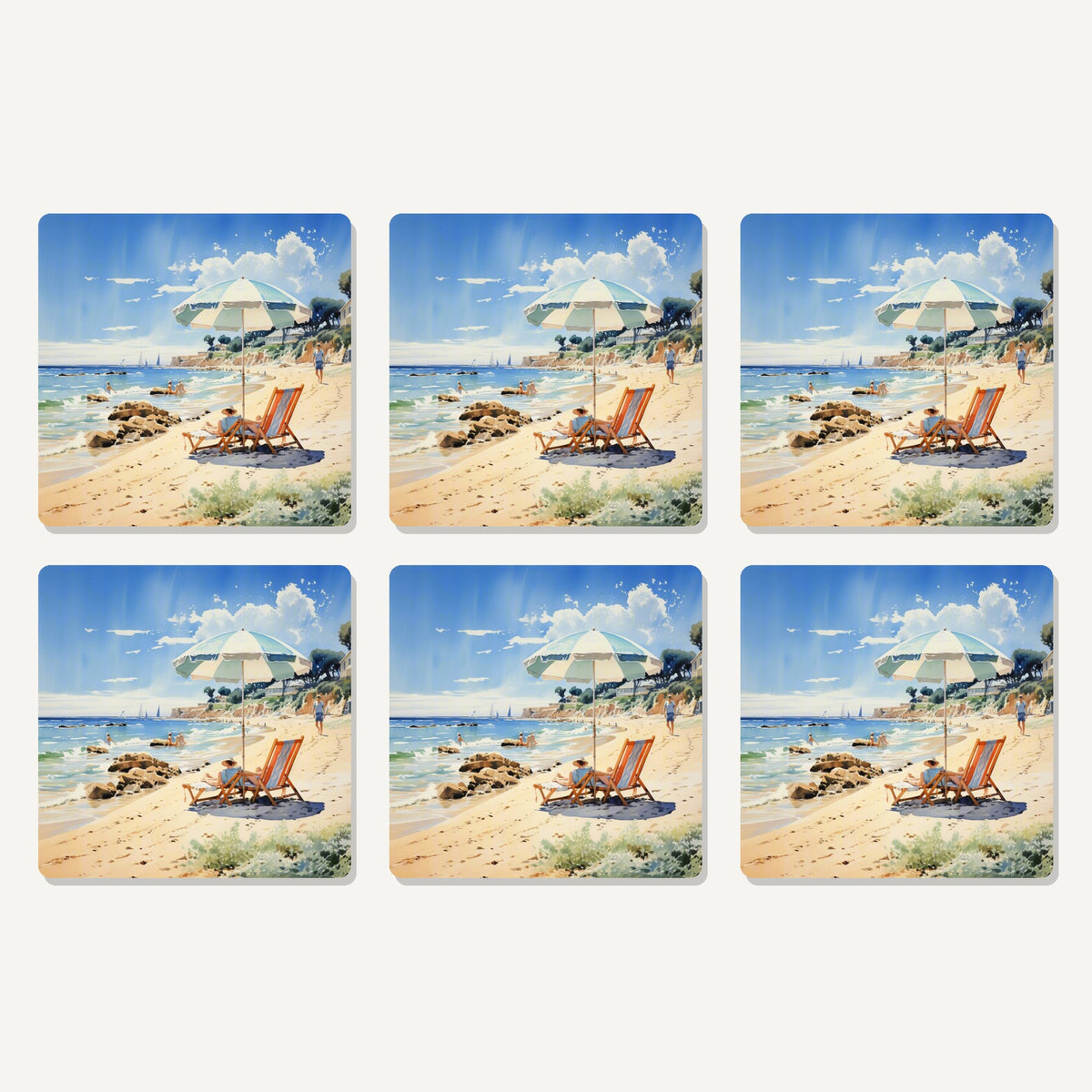 Flat lay of the seaside parasol & deckchairs artwork on six square coasters