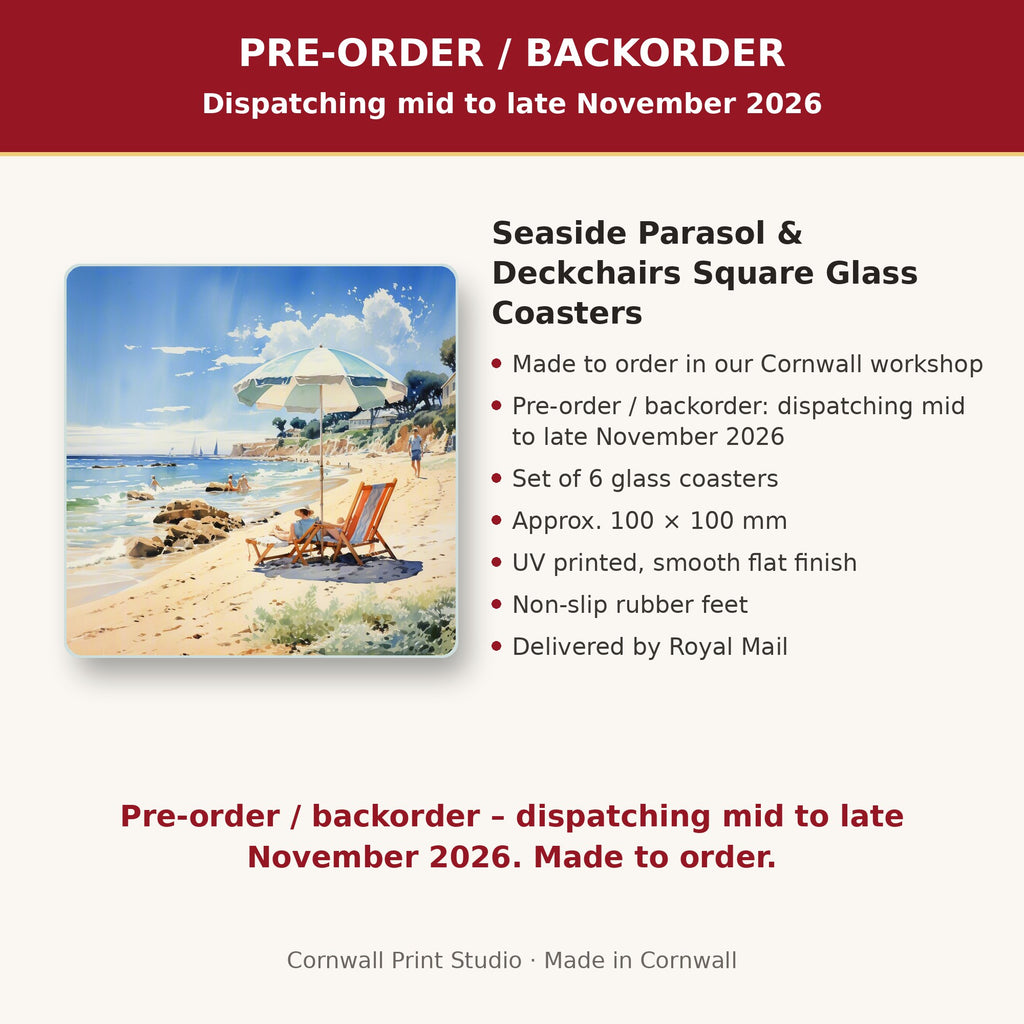 Info card: Seaside Parasol & Deckchairs Square Glass Coasters – Set of 6, made to order, dispatching mid to late November 2026, delivered by Royal Mail