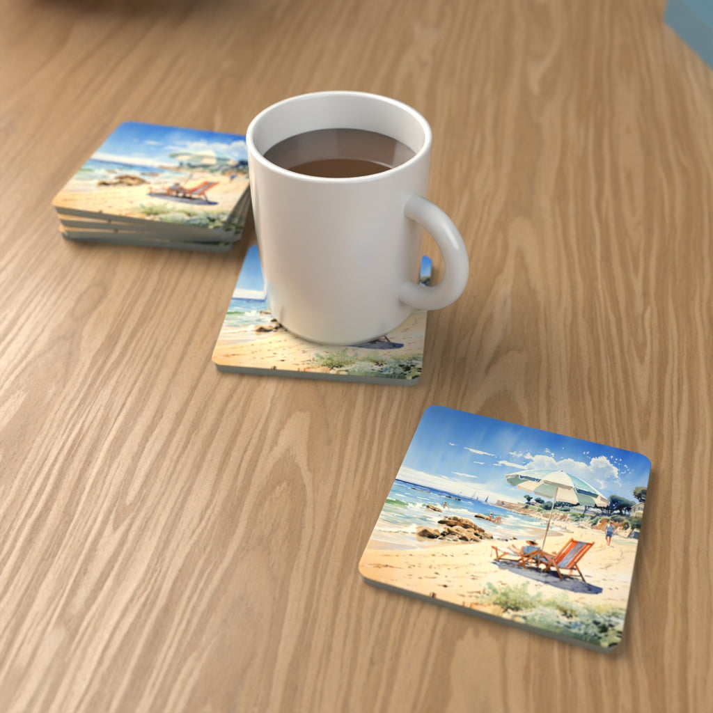 Seaside Parasol & Deckchairs Square Glass Coasters – Set of 6 – lifestyle mockup with a mug of coffee