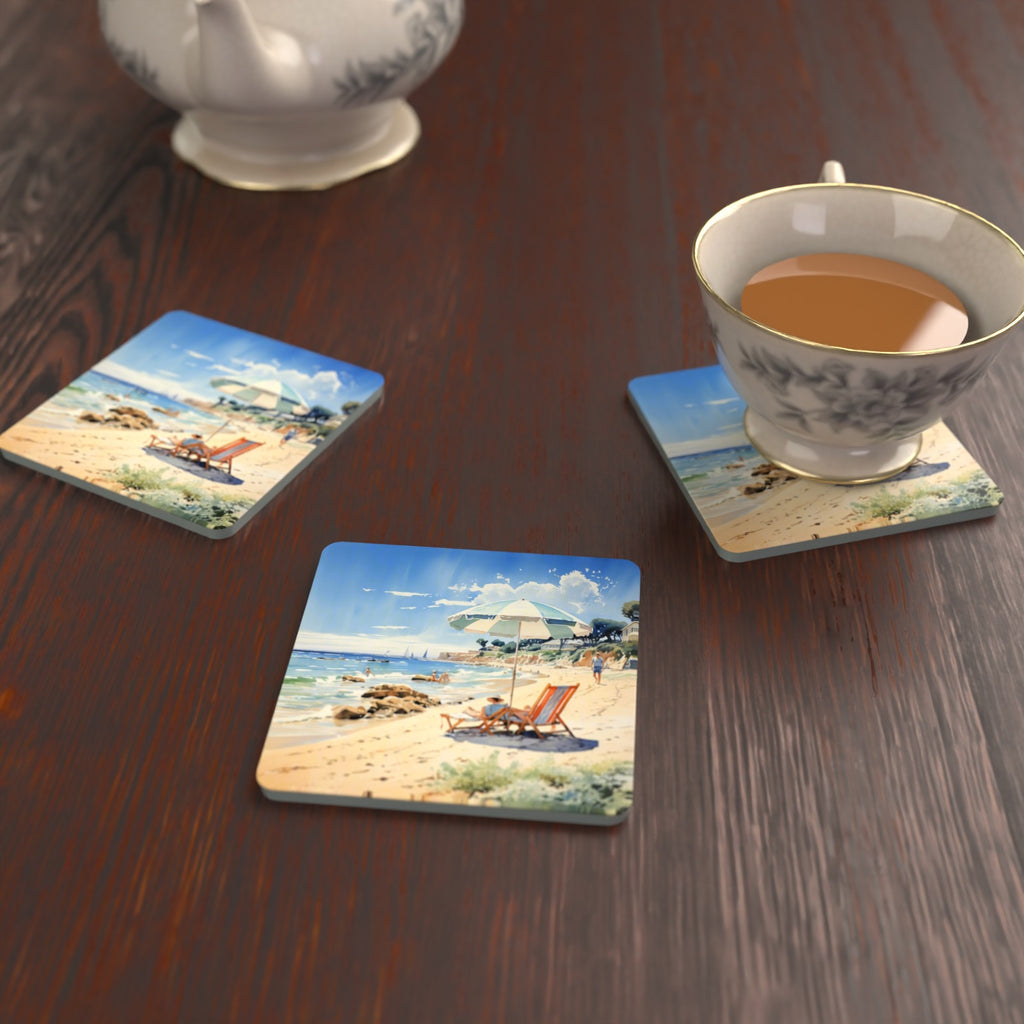 Seaside Parasol & Deckchairs Square Glass Coasters – Set of 6 – lifestyle mockup with a teacup