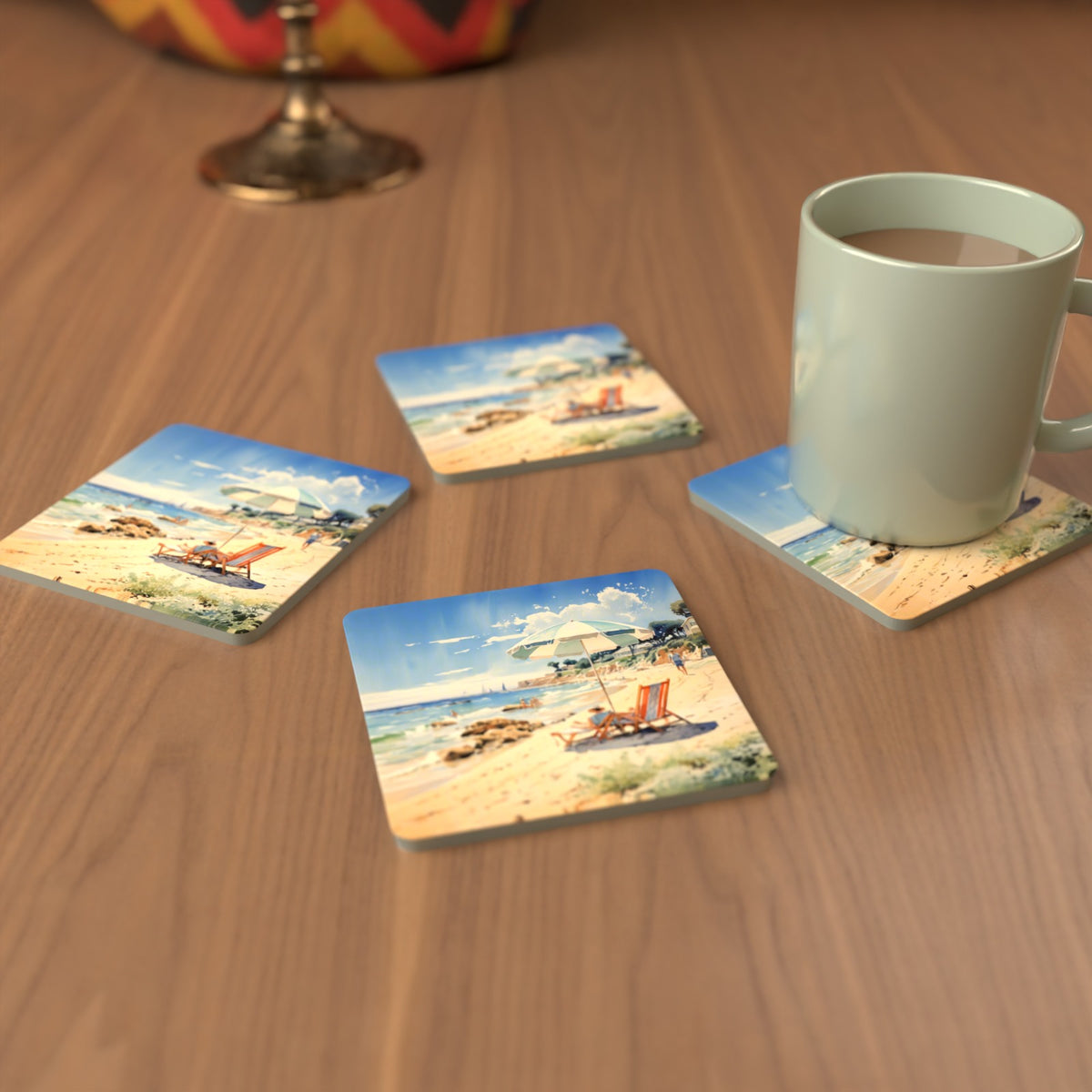 Seaside Parasol & Deckchairs Square Glass Coasters – Set of 6 – cosy lifestyle mockup