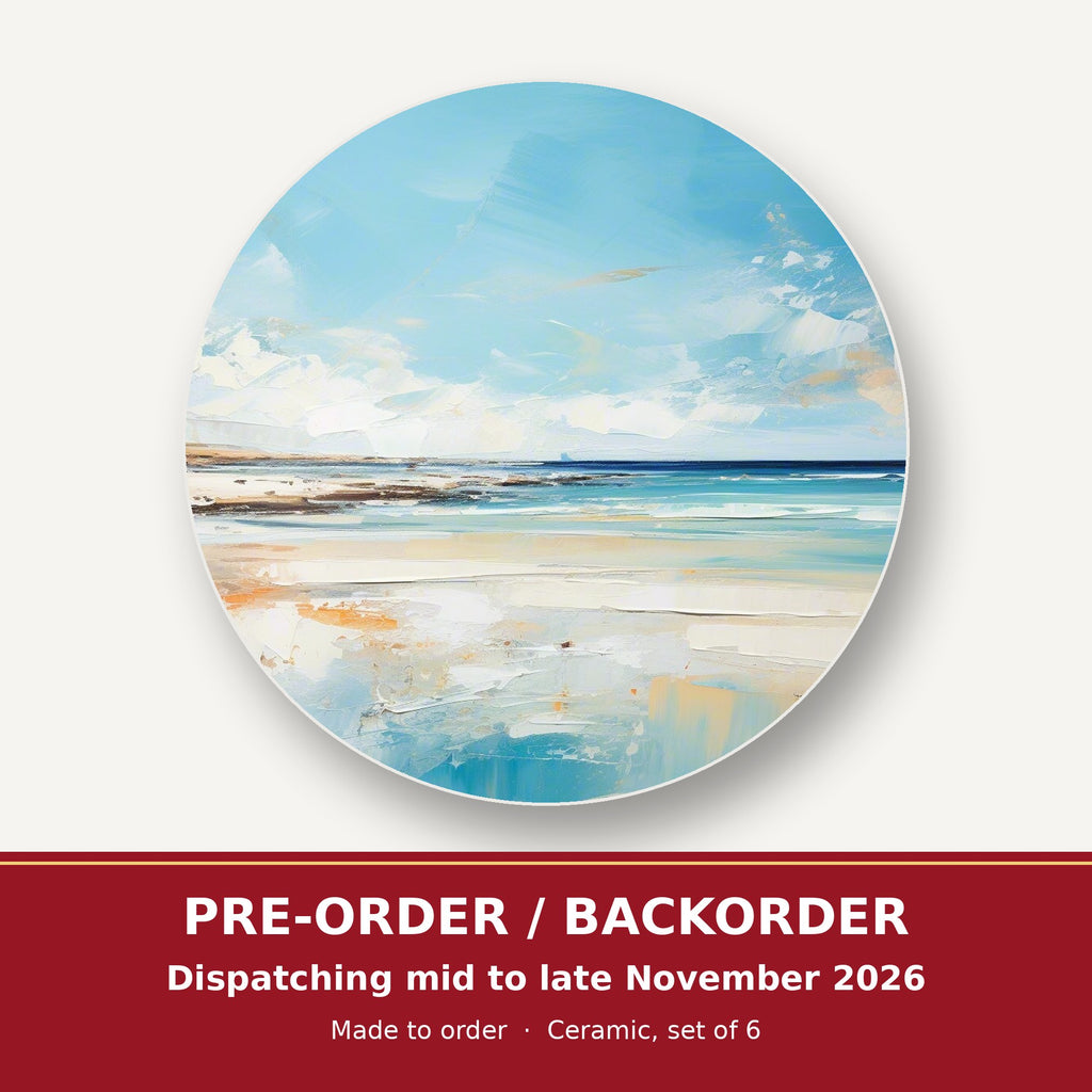 Watercolour Calm Sea & Sky round ceramic coaster set of 6 – pre-order / backorder, dispatching mid to late November 2026