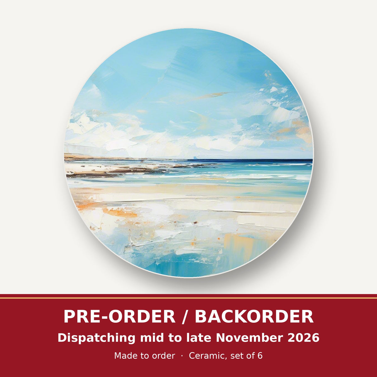 Watercolour Calm Sea & Sky round ceramic coaster set of 6 – pre-order / backorder, dispatching mid to late November 2026