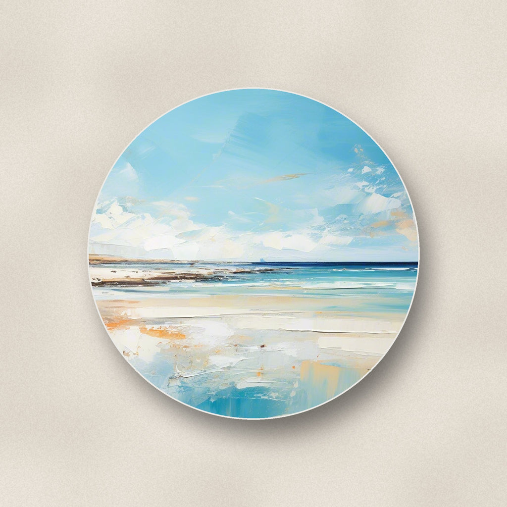 Close-up of one watercolour calm sea & sky round ceramic coaster, flat UV print