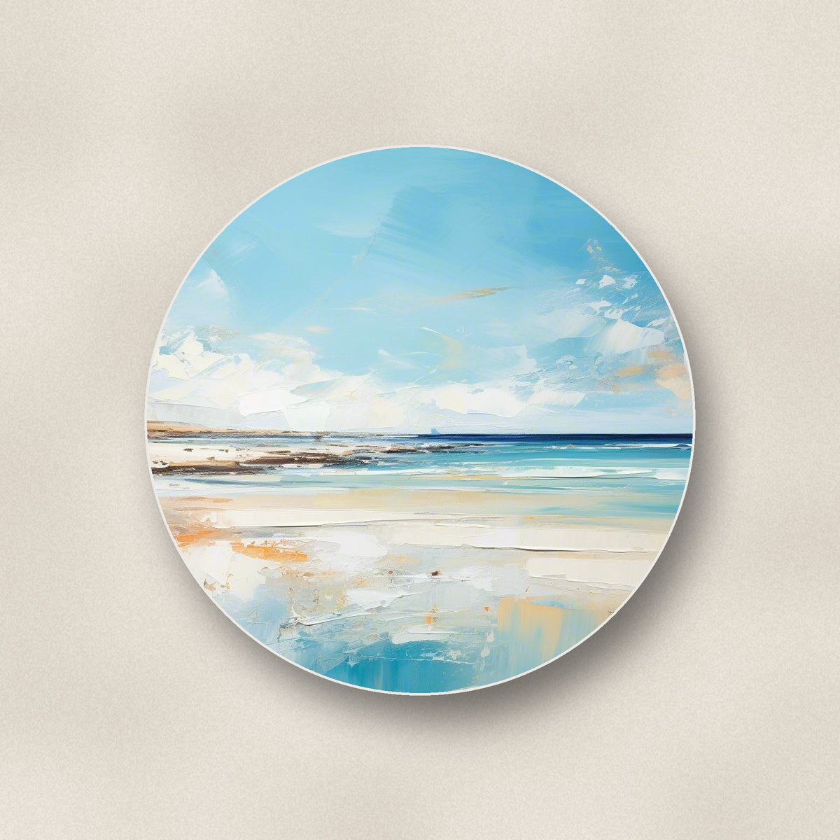 Close-up of one watercolour calm sea & sky round ceramic coaster, flat UV print