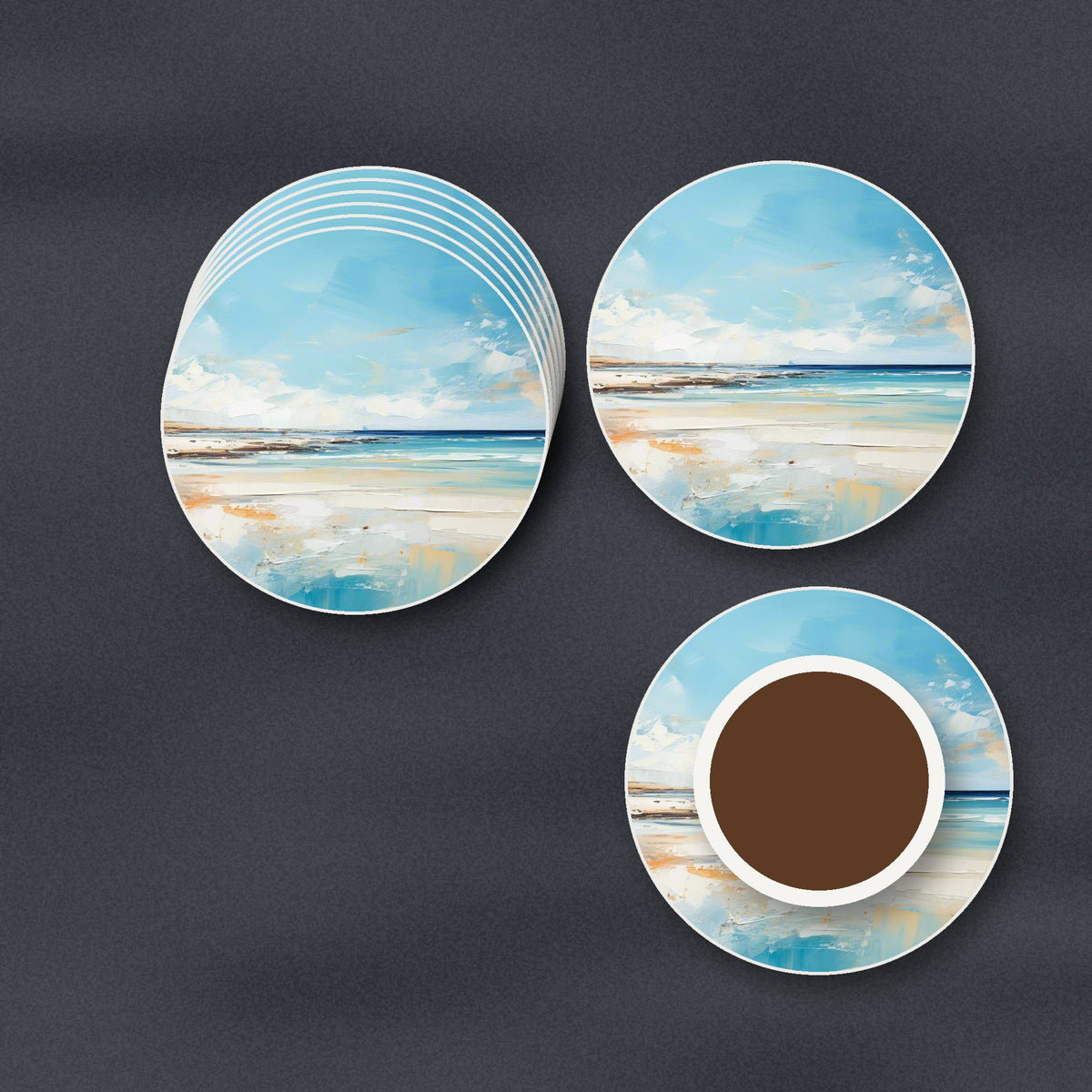 Watercolour Calm Sea & Sky round ceramic coasters stacked on a slate kitchen worktop