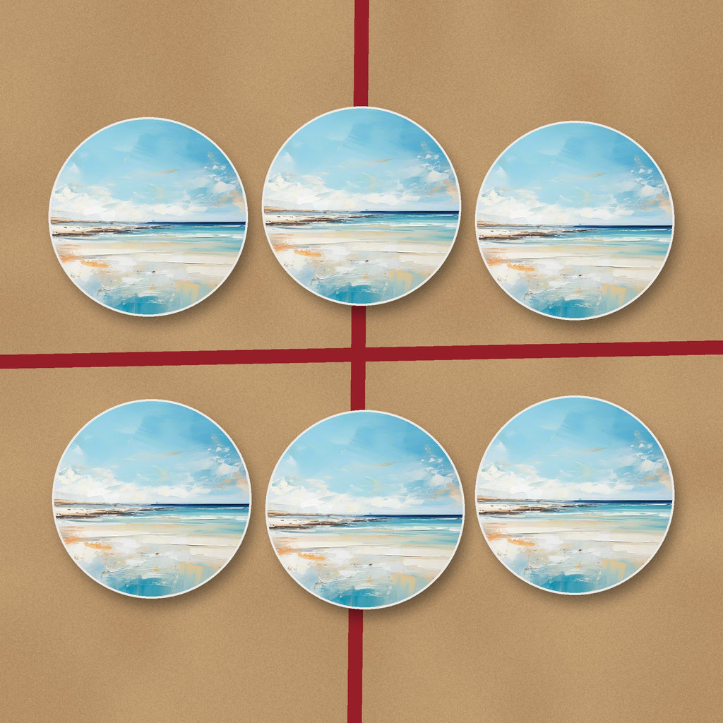 Watercolour Calm Sea & Sky round ceramic coasters on kraft gift wrap