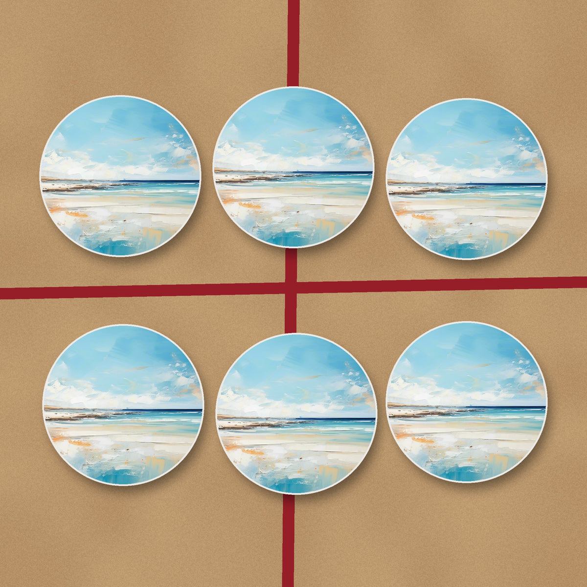 Watercolour Calm Sea & Sky round ceramic coasters on kraft gift wrap