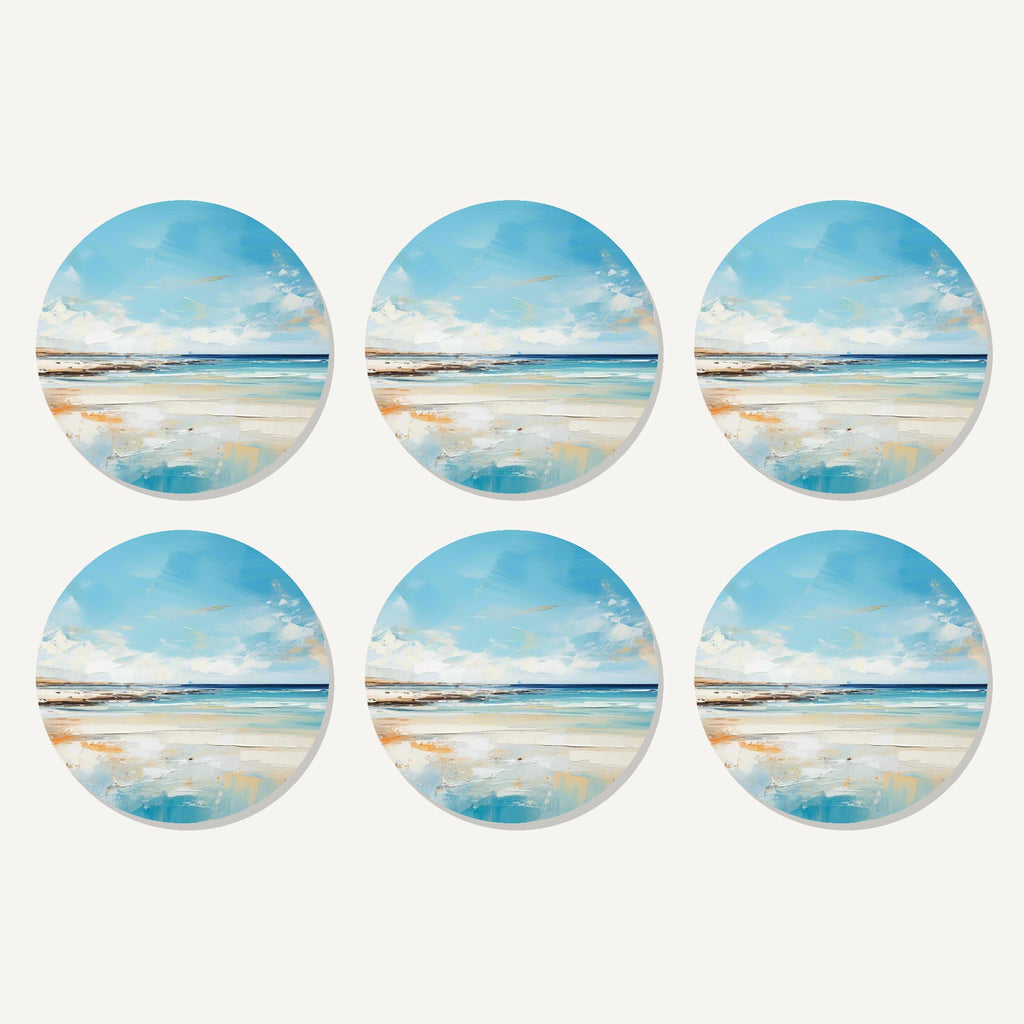 Flat lay of the watercolour calm sea & sky artwork on six round coasters
