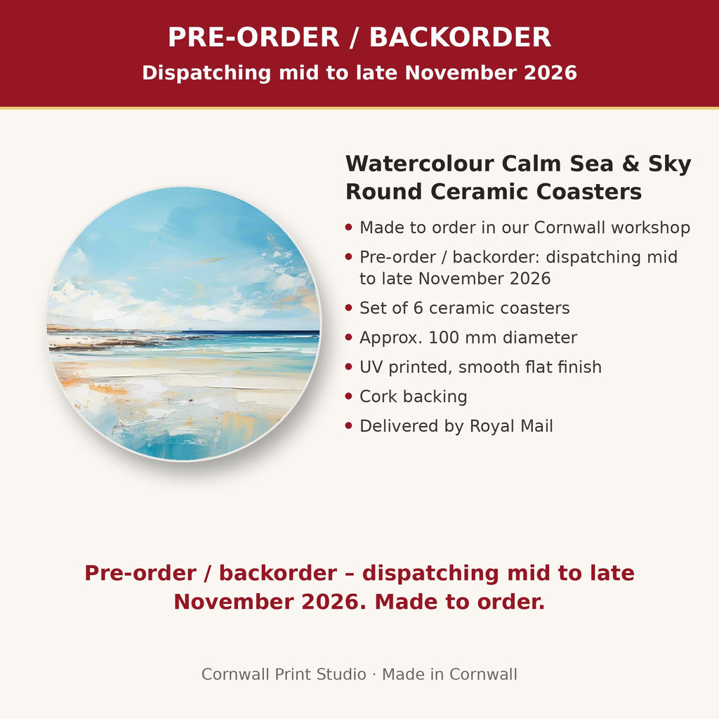Info card: Watercolour Calm Sea & Sky Round Ceramic Coasters – Set of 6, made to order, dispatching mid to late November 2026, delivered by Royal Mail