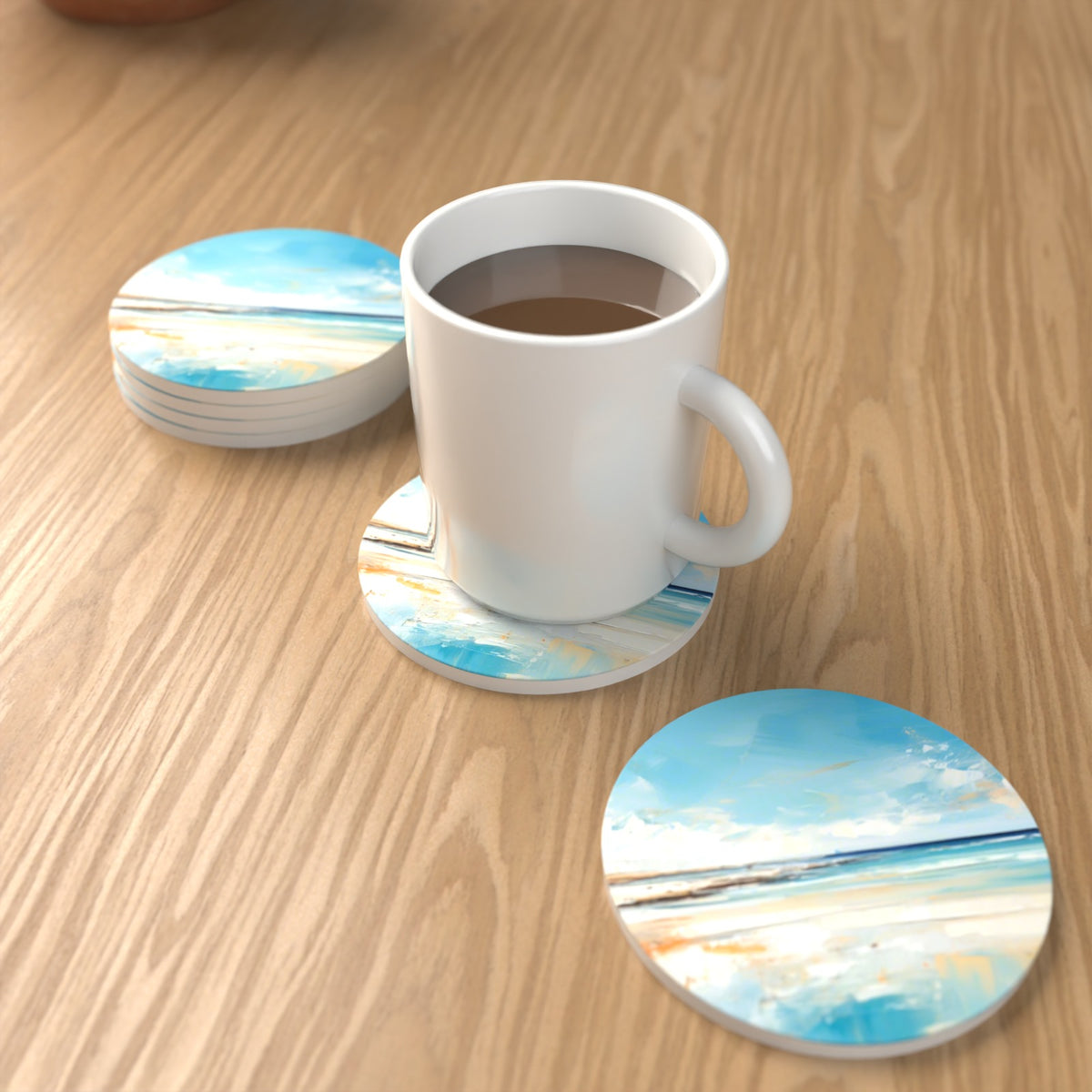 Watercolour Calm Sea & Sky Round Ceramic Coasters – Set of 6 – lifestyle mockup with a mug of coffee