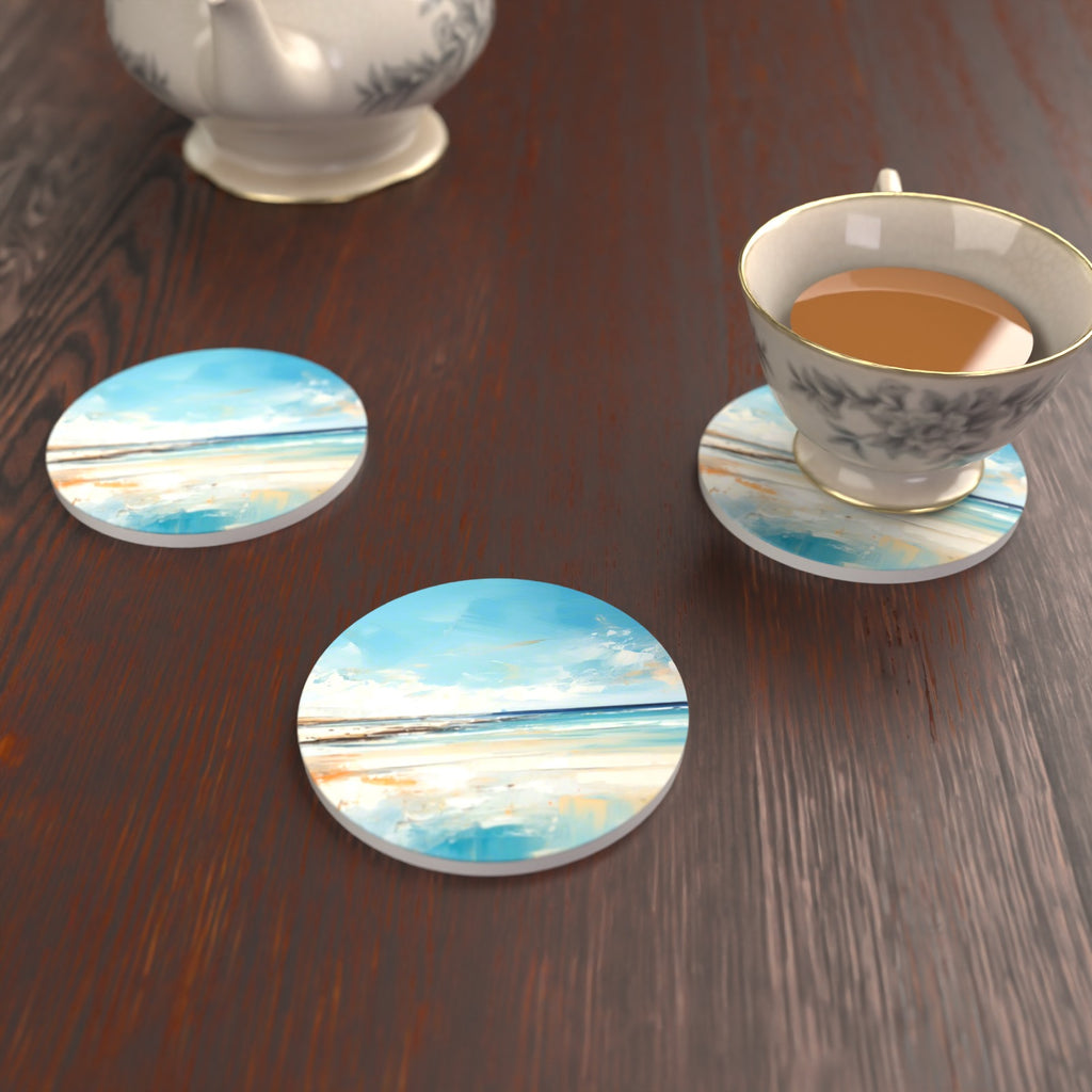 Watercolour Calm Sea & Sky Round Ceramic Coasters – Set of 6 – lifestyle mockup with a teacup