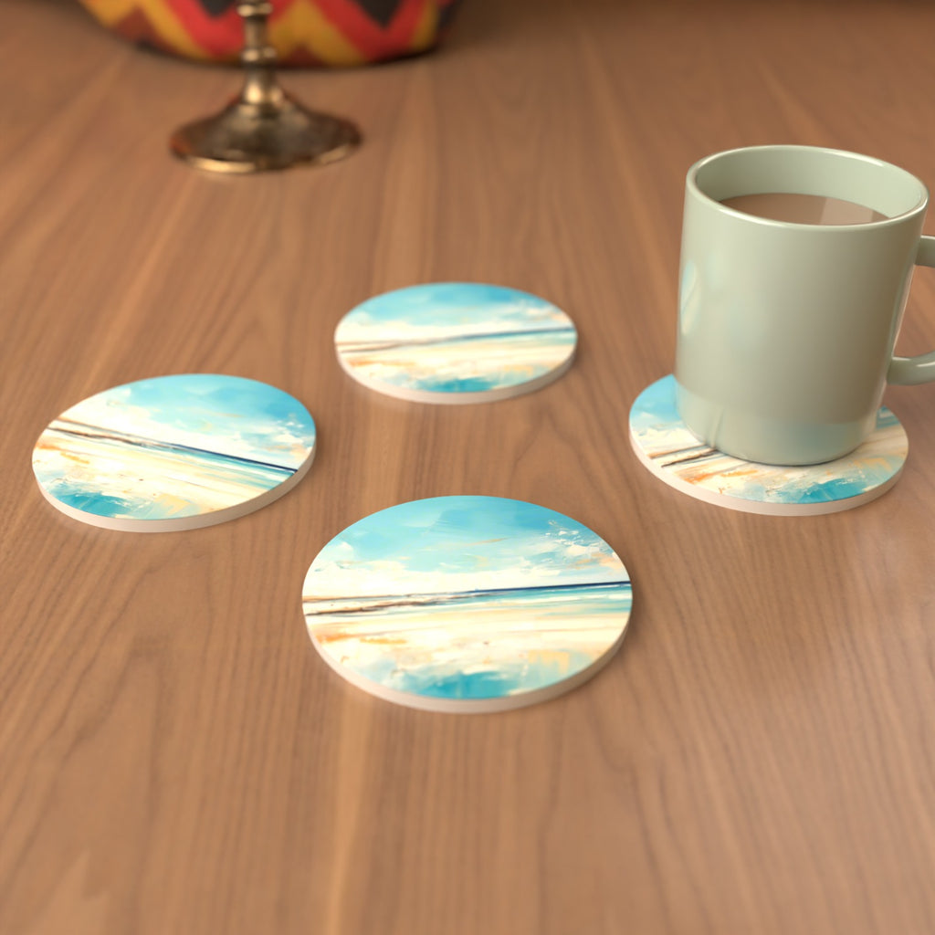 Watercolour Calm Sea & Sky Round Ceramic Coasters – Set of 6 – cosy lifestyle mockup