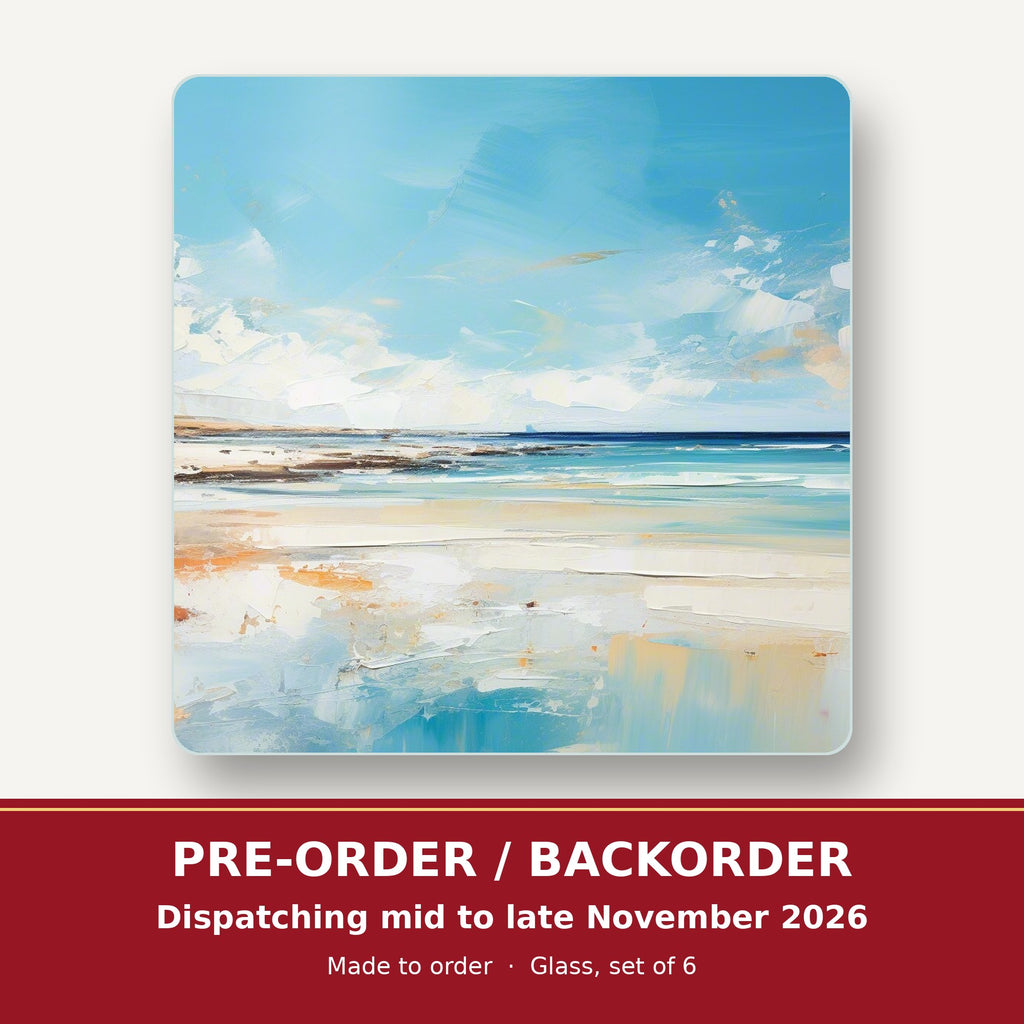 Watercolour Calm Sea & Sky square glass coaster set of 6 – pre-order / backorder, dispatching mid to late November 2026