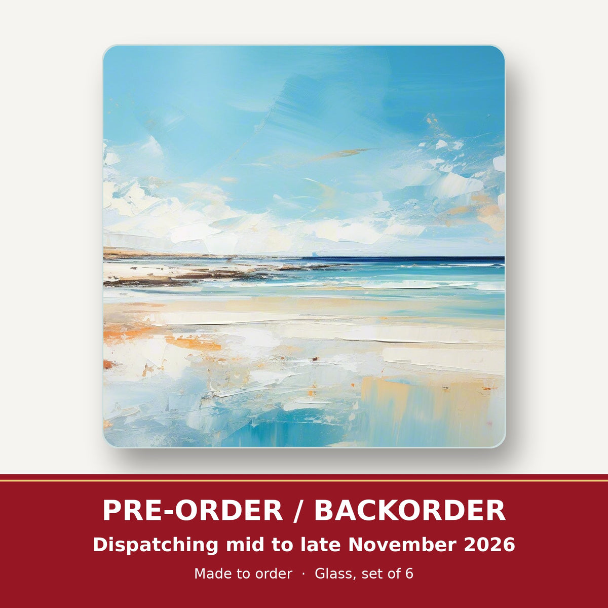 Watercolour Calm Sea & Sky square glass coaster set of 6 – pre-order / backorder, dispatching mid to late November 2026