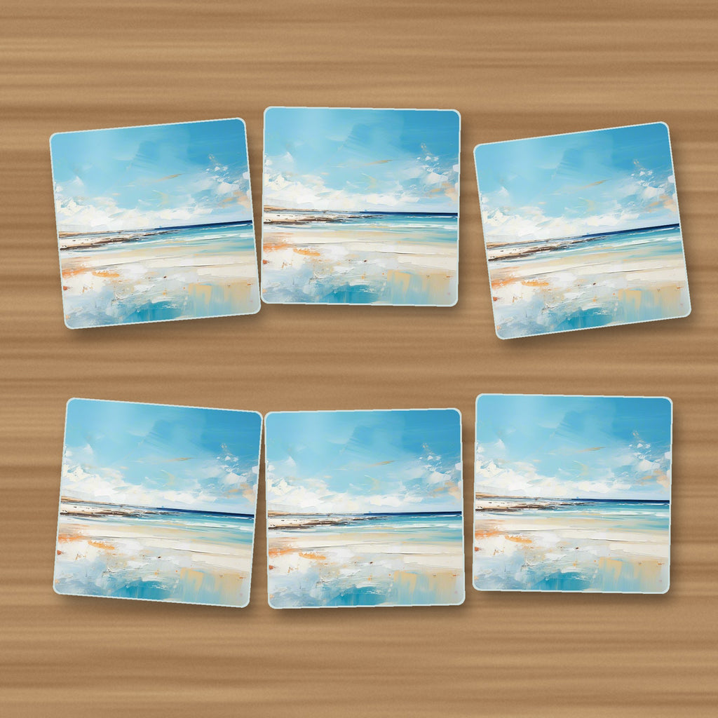Watercolour Calm Sea & Sky square glass coasters, set of 6, on an oak coffee table