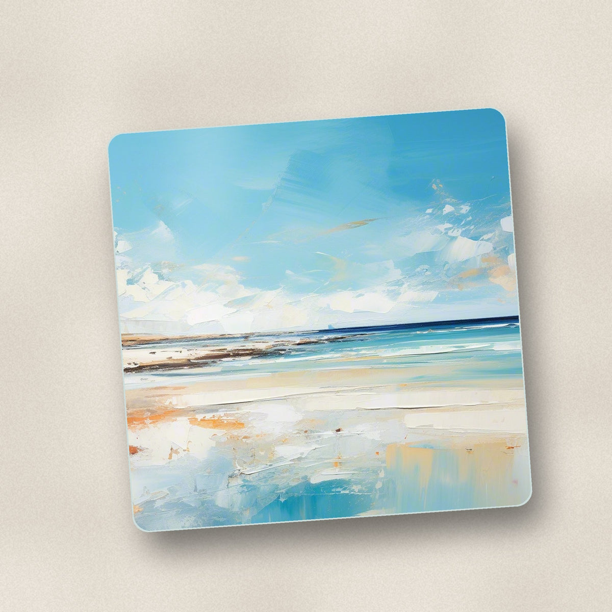 Close-up of one watercolour calm sea & sky square glass coaster, flat UV print