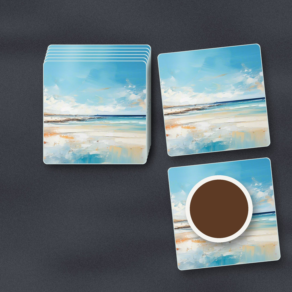 Watercolour Calm Sea & Sky square glass coasters stacked on a slate kitchen worktop