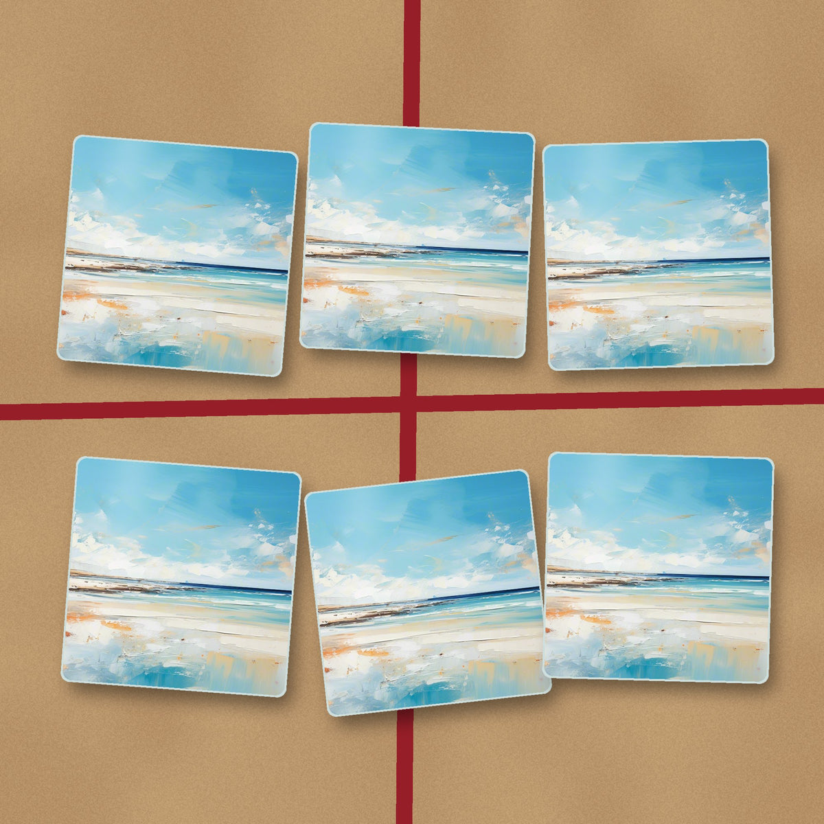 Watercolour Calm Sea & Sky square glass coasters on kraft gift wrap