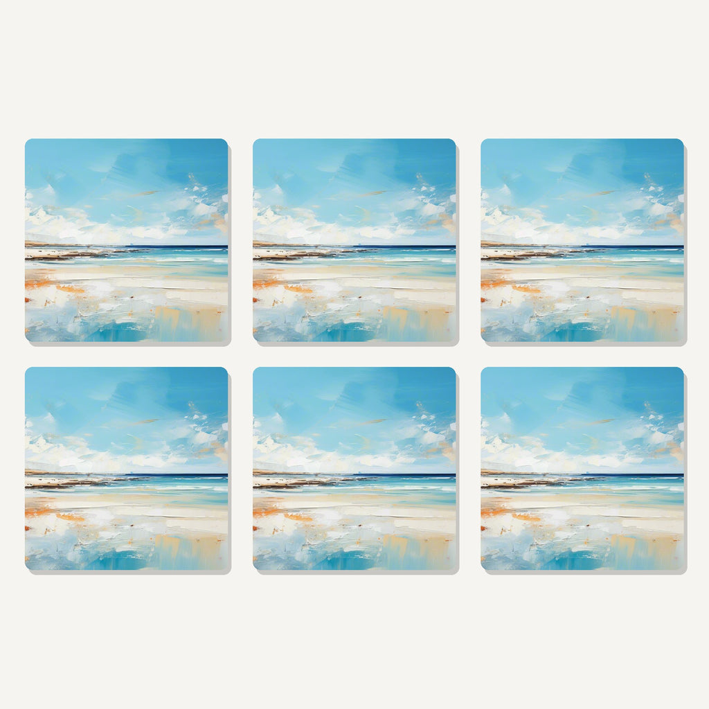 Flat lay of the watercolour calm sea & sky artwork on six square coasters