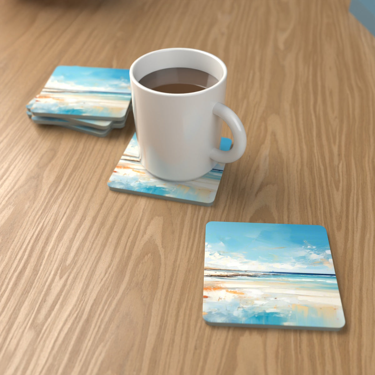 Watercolour Calm Sea & Sky Square Glass Coasters – Set of 6 – lifestyle mockup with a mug of coffee