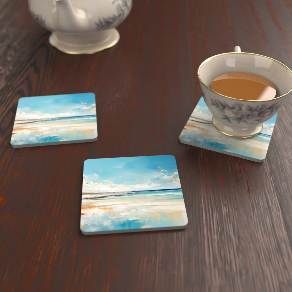 Watercolour Calm Sea & Sky Square Glass Coasters – Set of 6 – lifestyle mockup with a teacup