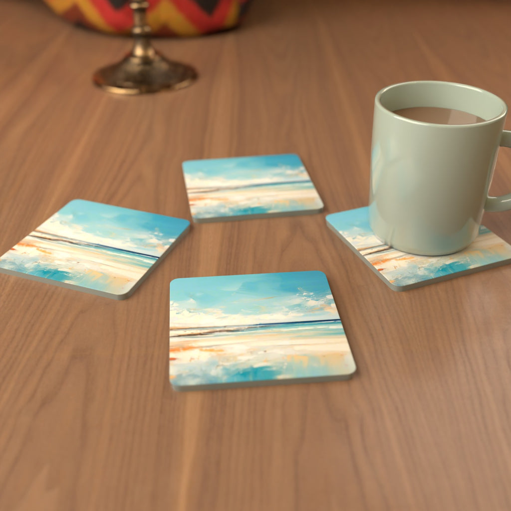 Watercolour Calm Sea & Sky Square Glass Coasters – Set of 6 – cosy lifestyle mockup