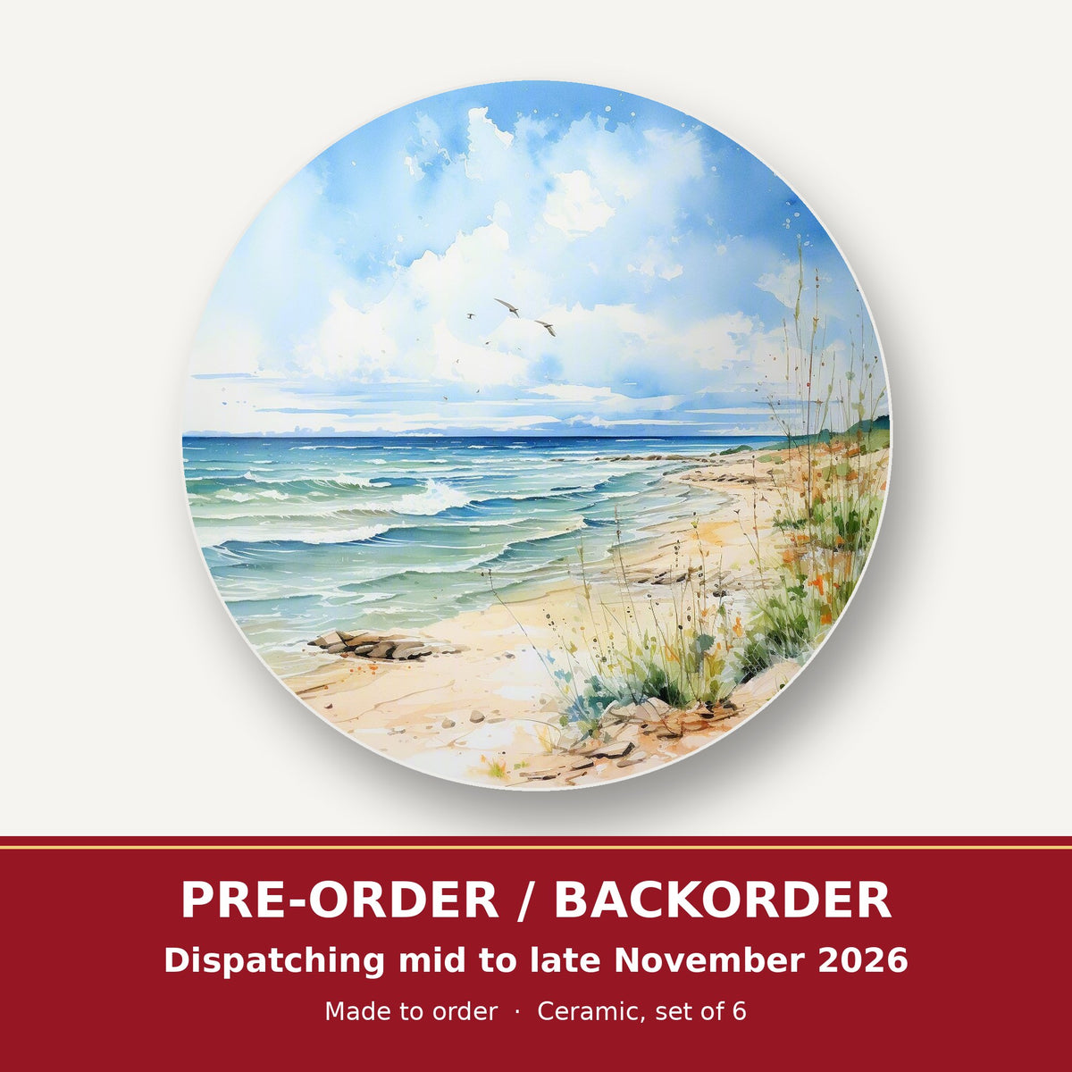 Dunes & Breaking Waves round ceramic coaster set of 6 – pre-order / backorder, dispatching mid to late November 2026