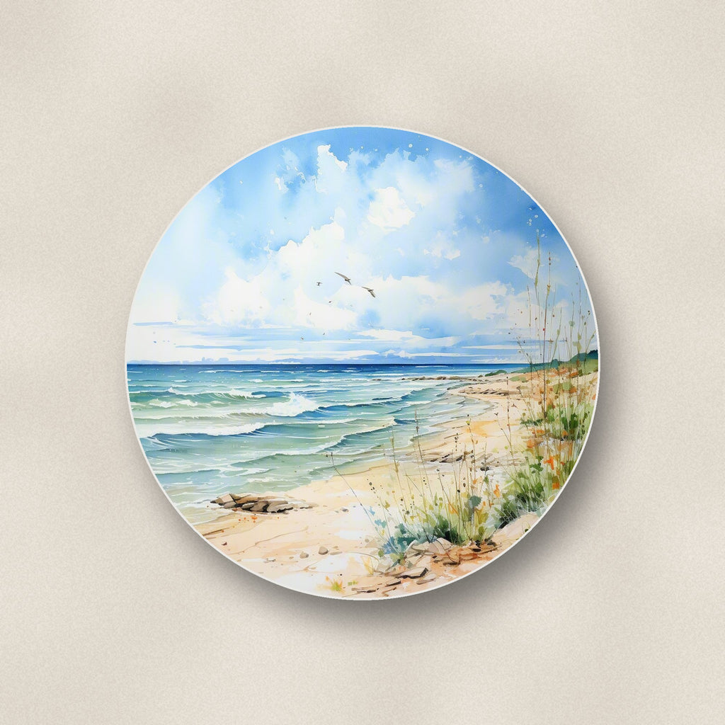 Close-up of one dunes & breaking waves round ceramic coaster, flat UV print