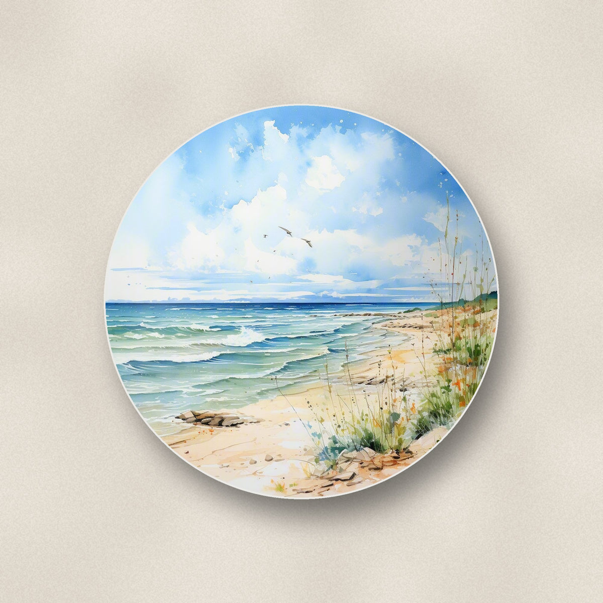 Close-up of one dunes & breaking waves round ceramic coaster, flat UV print