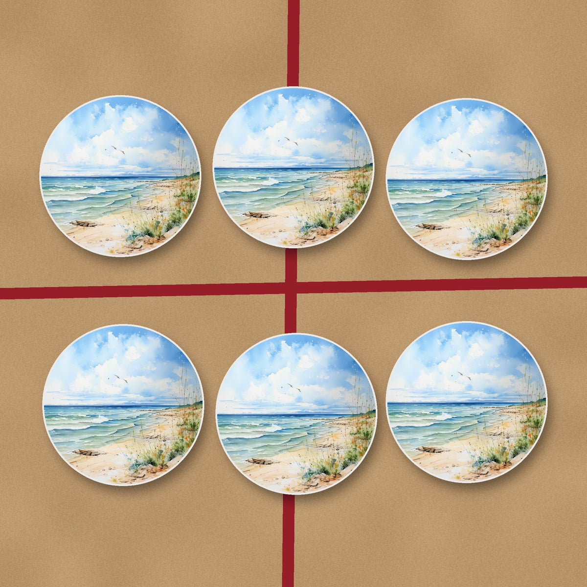 Dunes & Breaking Waves round ceramic coasters on kraft gift wrap