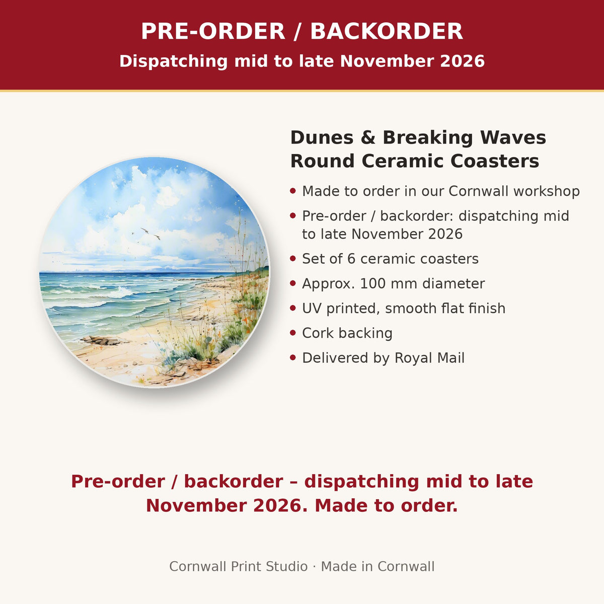Info card: Dunes & Breaking Waves Round Ceramic Coasters – Set of 6, made to order, dispatching mid to late November 2026, delivered by Royal Mail