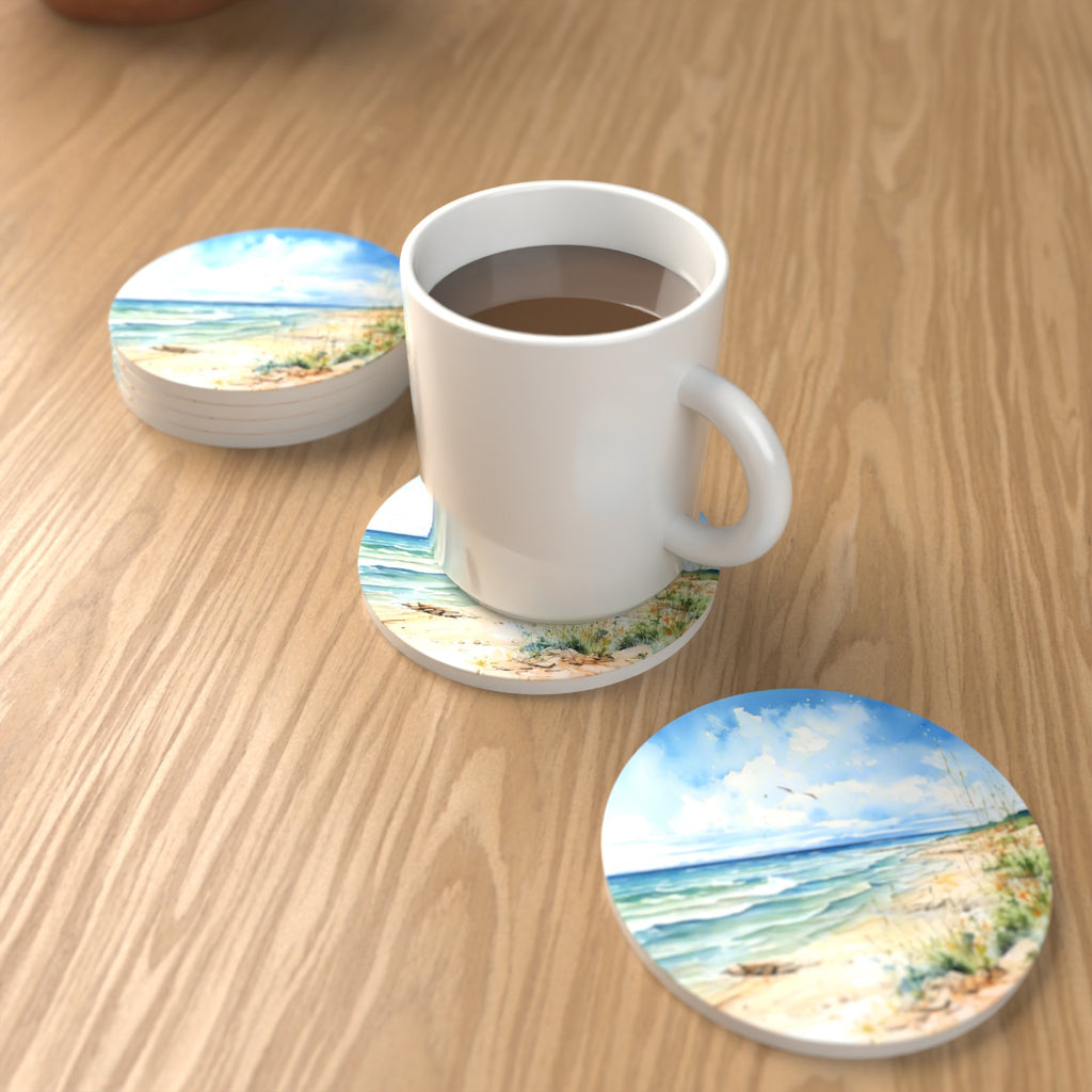Dunes & Breaking Waves Round Ceramic Coasters – Set of 6 – lifestyle mockup with a mug of coffee