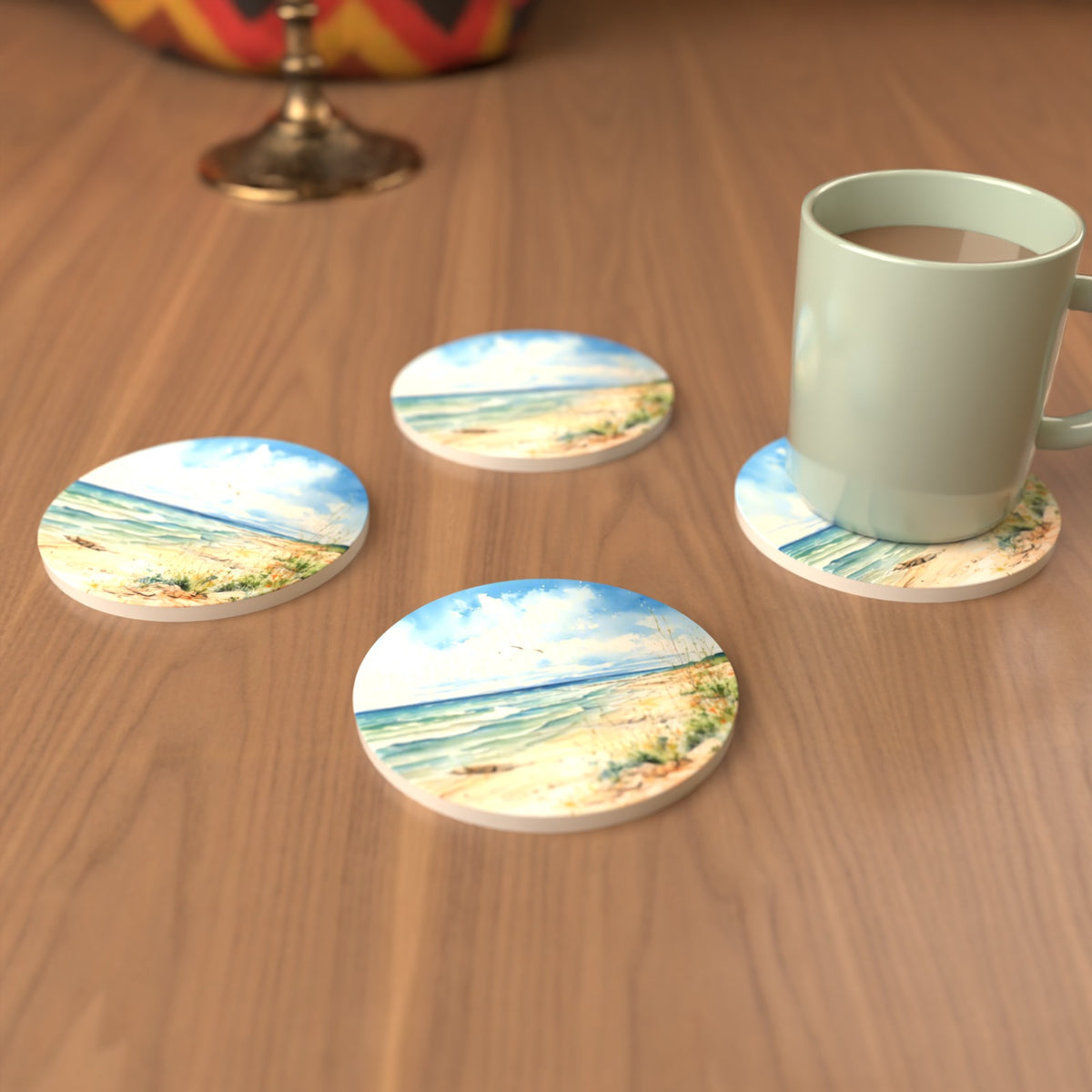 Dunes & Breaking Waves Round Ceramic Coasters – Set of 6 – cosy lifestyle mockup
