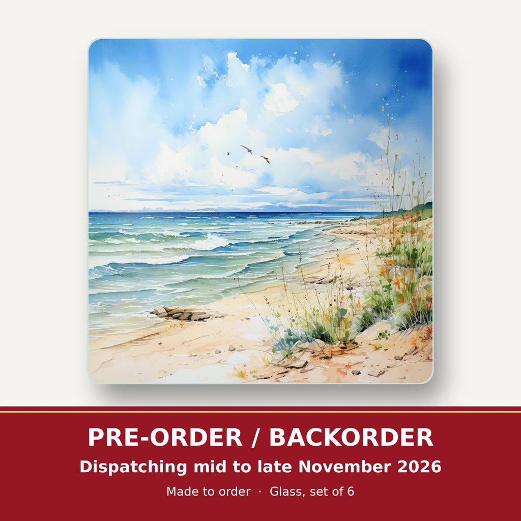 Dunes & Breaking Waves square glass coaster set of 6 – pre-order / backorder, dispatching mid to late November 2026