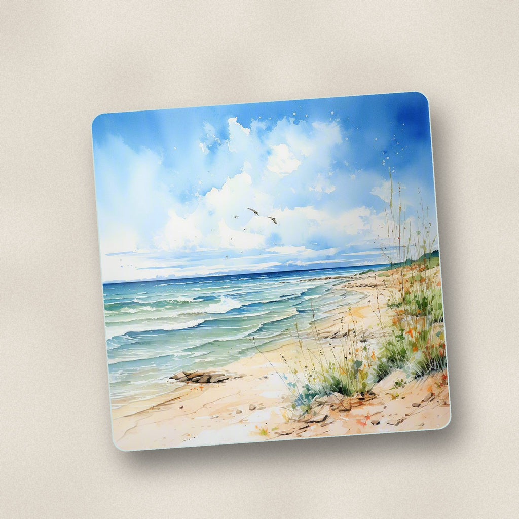 Close-up of one dunes & breaking waves square glass coaster, flat UV print
