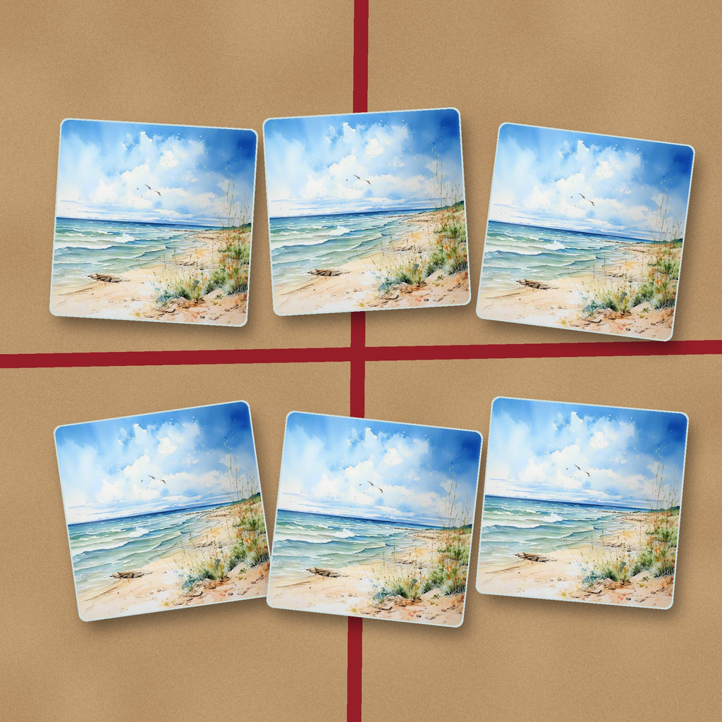 Dunes & Breaking Waves square glass coasters on kraft gift wrap