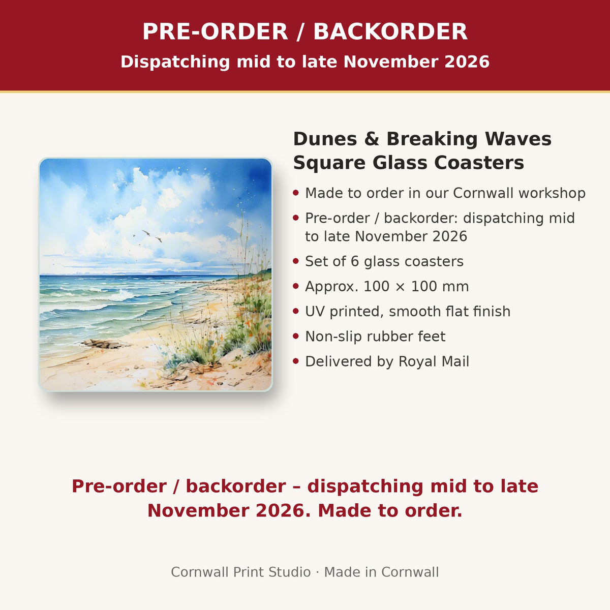 Info card: Dunes & Breaking Waves Square Glass Coasters – Set of 6, made to order, dispatching mid to late November 2026, delivered by Royal Mail