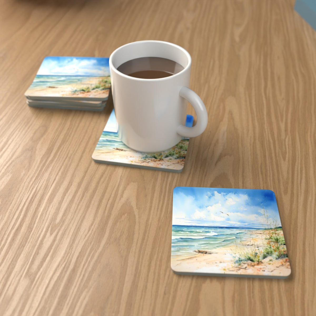 Dunes & Breaking Waves Square Glass Coasters – Set of 6 – lifestyle mockup with a mug of coffee